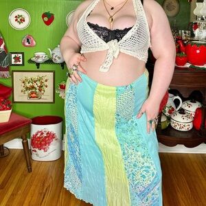 Y2k Summer Mermaidcore Aquamarine Paisley Floral Patchwork Boho Fairy Maxi Skirt